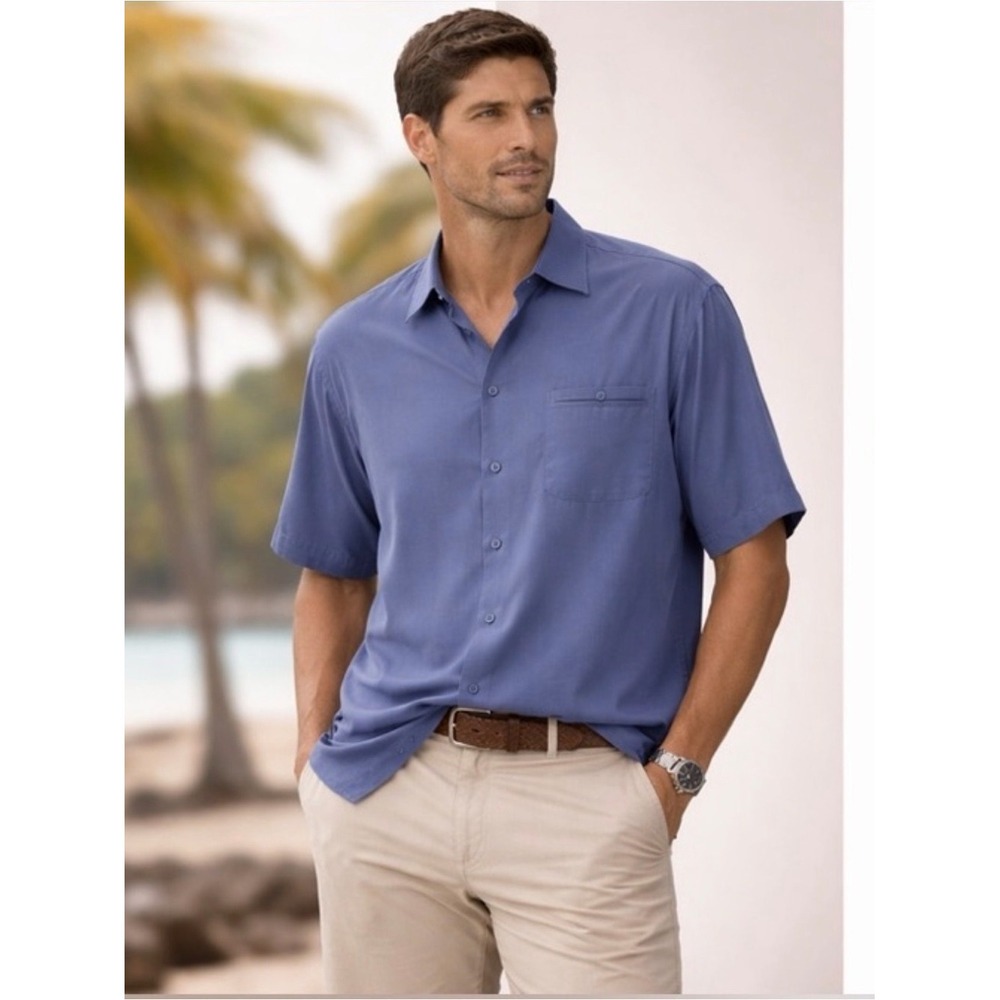 Michael Brandon Large 100% Silk Blue Short Sleeve Button Down Classic Fit Resort